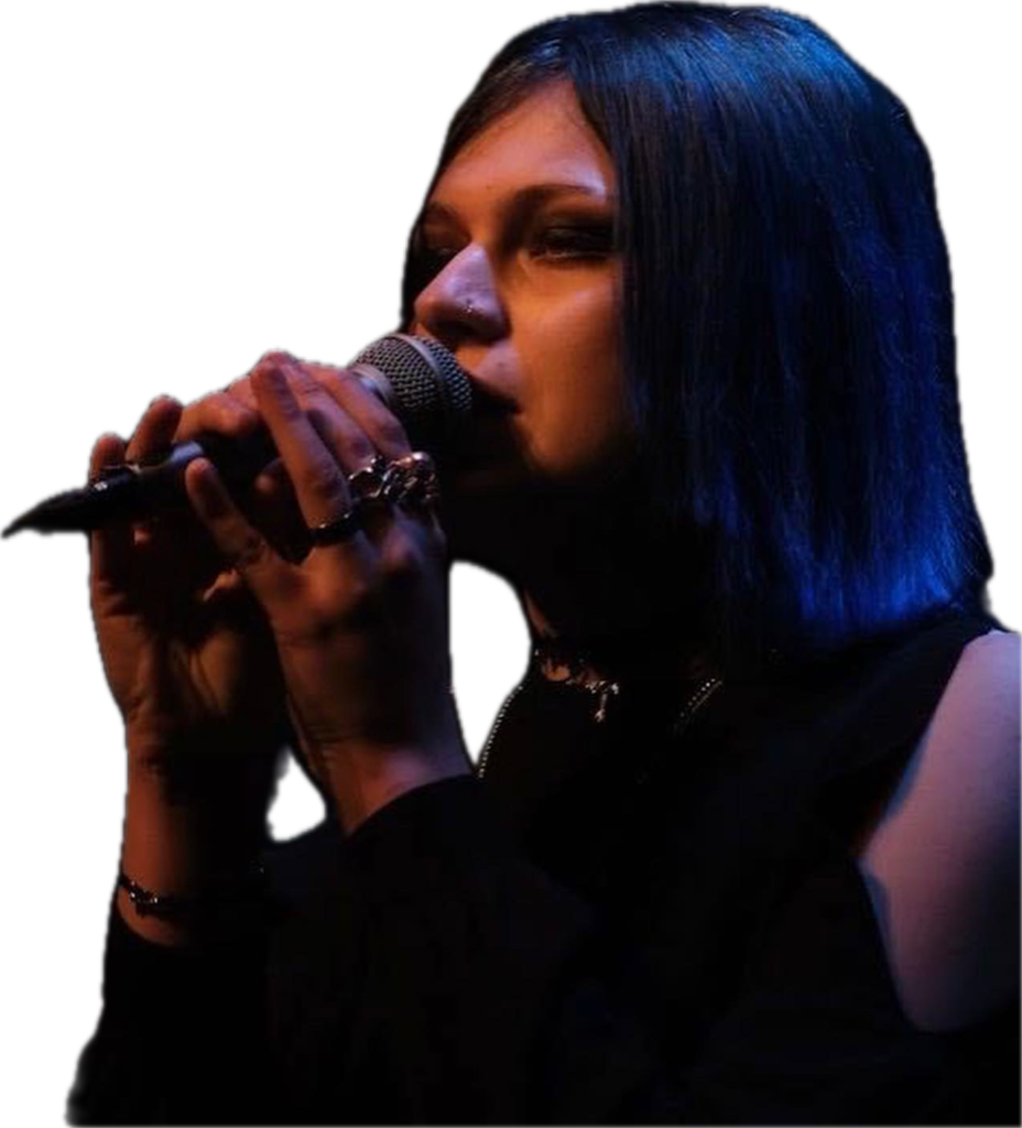 A cut-out image of Tegan's profile. She has blue hair and is singing into a microphone.