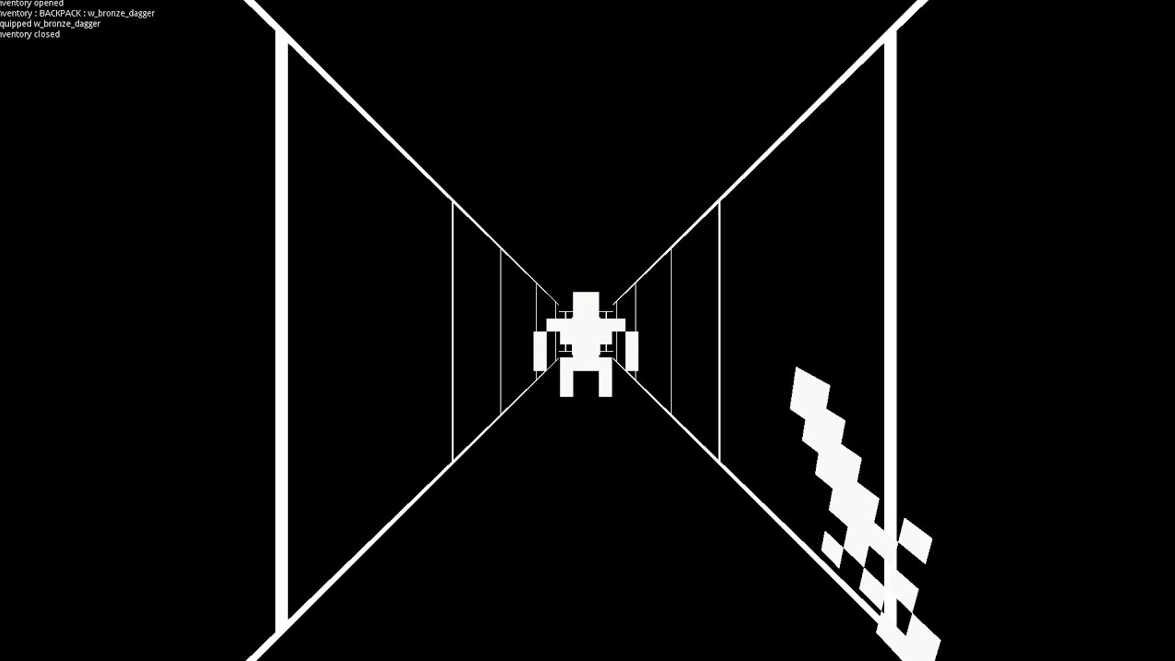 VI Dungeon screenshot. A pixelated white figure on a black background with a pixelated sword pointing in.