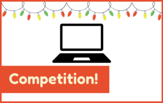 Competition! Red border surrounding multi-coloured fairy lights and a laptop.