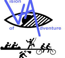 Vision of Adventure logo. The visually impaired eye symbol above a group of stick figures kayaking, running and cycling.