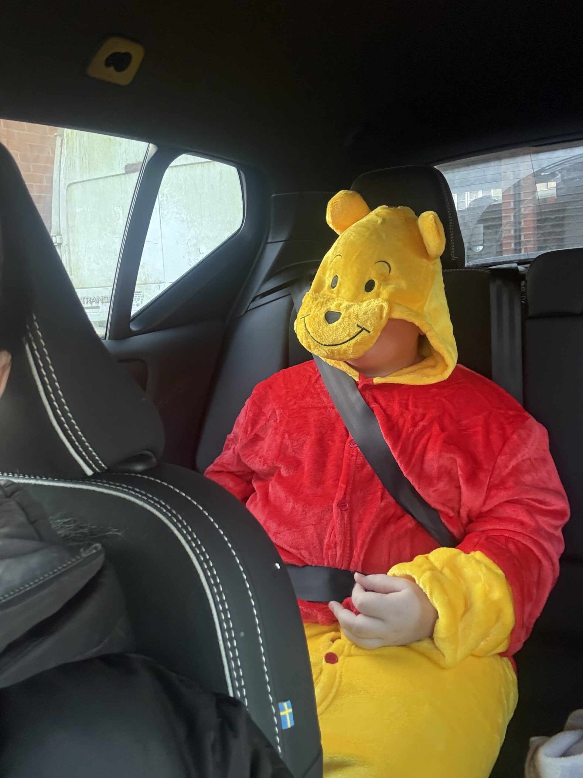 gracie-winnie-pooh Gracie in the car dressed as Winnie The Pooh.