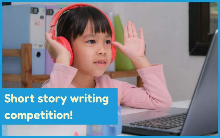 Short Story Writing Competition! An image of a child wearing headphones.