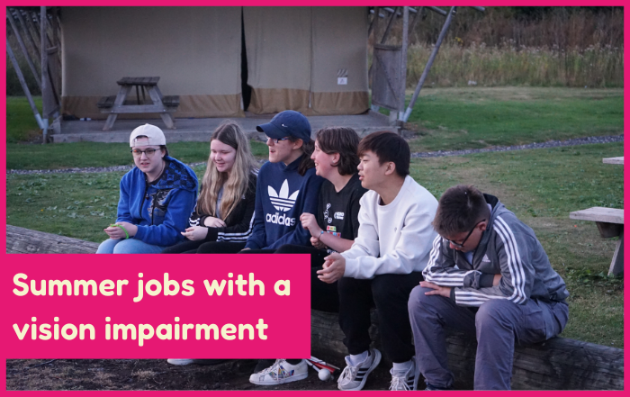 Text reads 'Summer jobs with a vision impairment'. Under the text is an image of a group of teenagers sitting on a log and chatting at a summer camp.