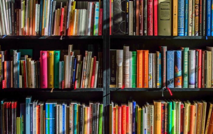 TLC Reads Banner Dark wooden bookshelf holding lots of colourful books.