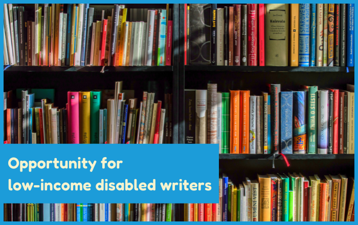 An image of a colourful bookshelf advertising an opportunity for low-income disabled writers.
