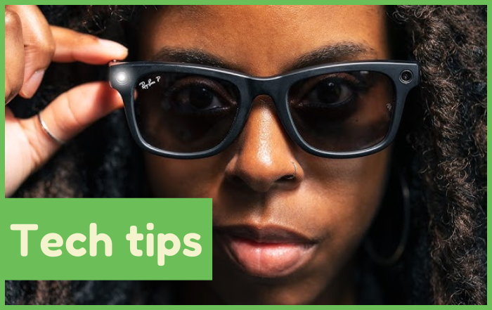 A woman close up to the camera wearing a pair of Meta glasses.
